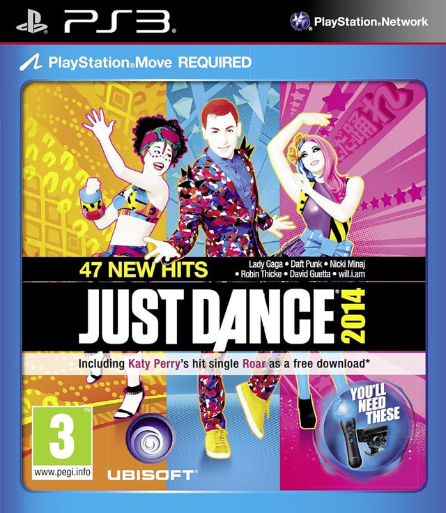 Front cover of the PlayStation 3 video game Just Dance 2014, featuring three dancing characters on a colorful illustrated background with PlayStation branding and publisher logos.