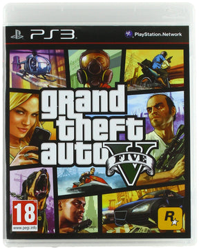 Box cover of 'Grand Theft Auto V' for PS3 with various characters and scenes.