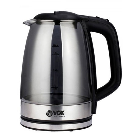 Stainless steel kettle with black handle on a white background, featuring the VOX Electronics logo.