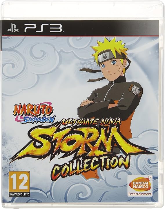 PS3 game case for Naruto Shippuden Ultimate Ninja Storm Collection, featuring Naruto artwork on the front cover with PS3 branding, a PEGI 12 rating logo, and Bandai Namco Entertainment branding.