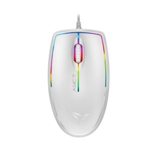 White gaming mouse with rainbow accents on a white background
