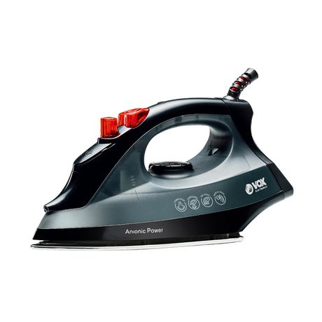 Black steam iron with red accents on a white background