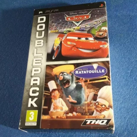 Double pack game case for Disney Pixar's Cars 3 and Ratatouille on a blue background