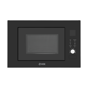 Black microwave oven with VOX branding on a white background
