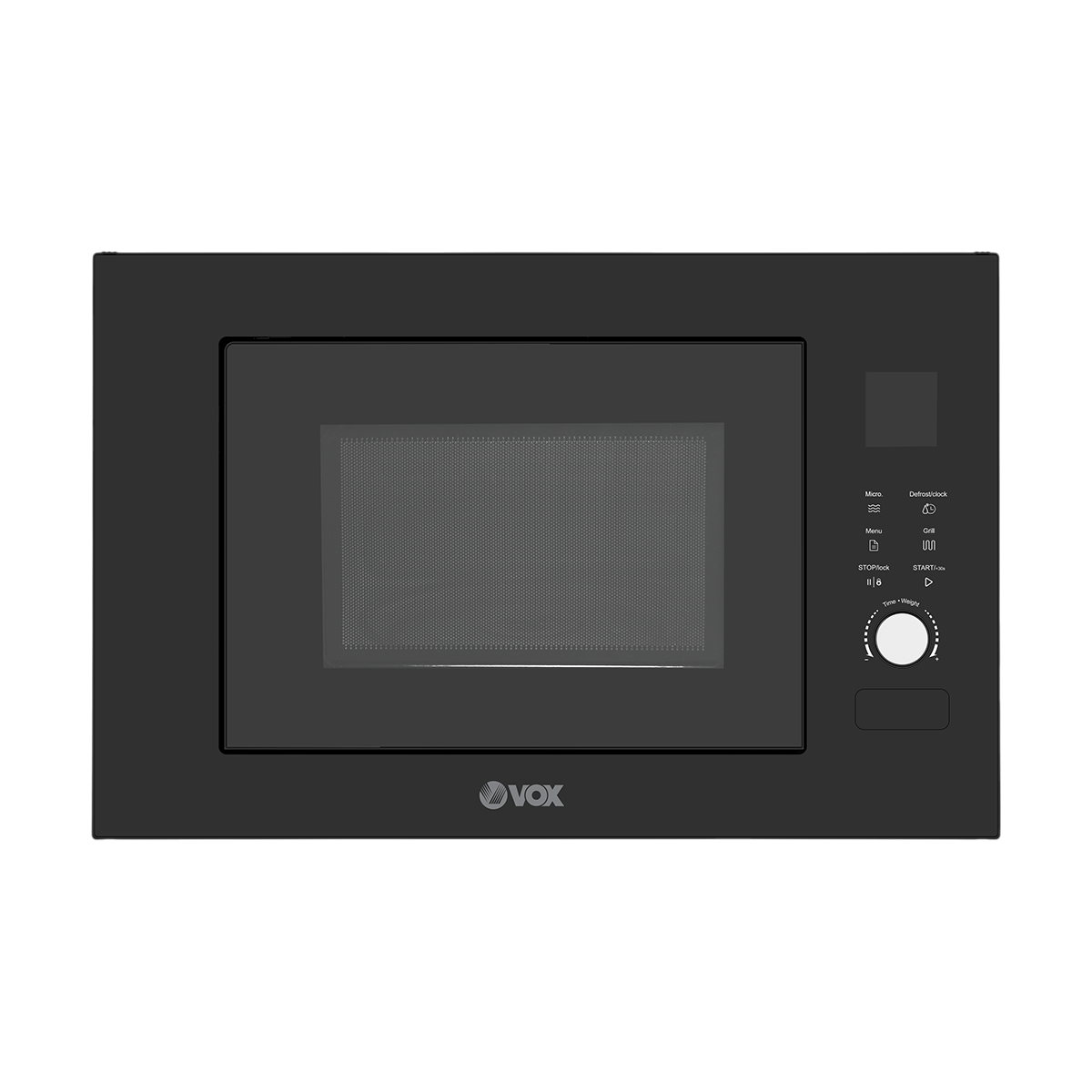 Black microwave oven with VOX branding on a white background
