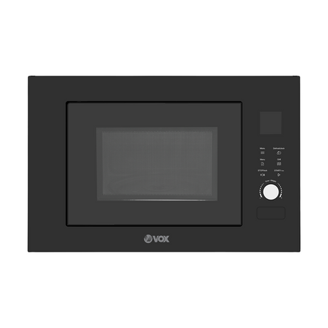 Black microwave oven with VOX branding on a white background