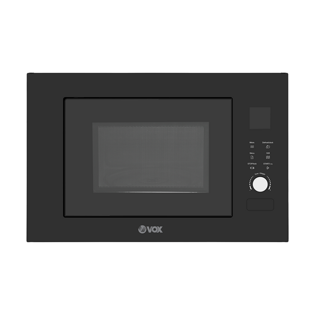 Black microwave oven with VOX branding on a white background