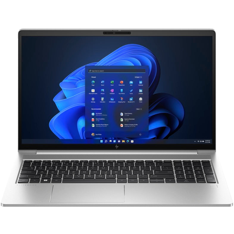 Laptop with a blue abstract design on the screen on a white background