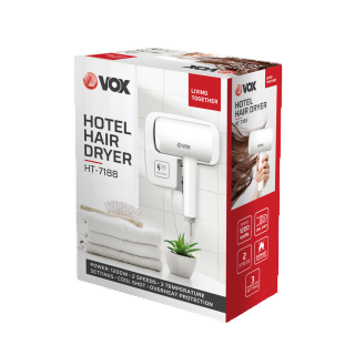 VOX Hotel Hair Dryer packaging on a white background