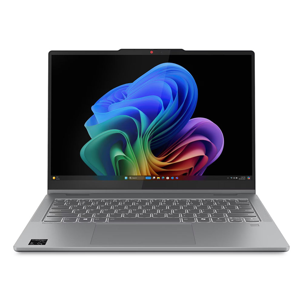 Laptop with a colorful abstract design on the screen against a white background