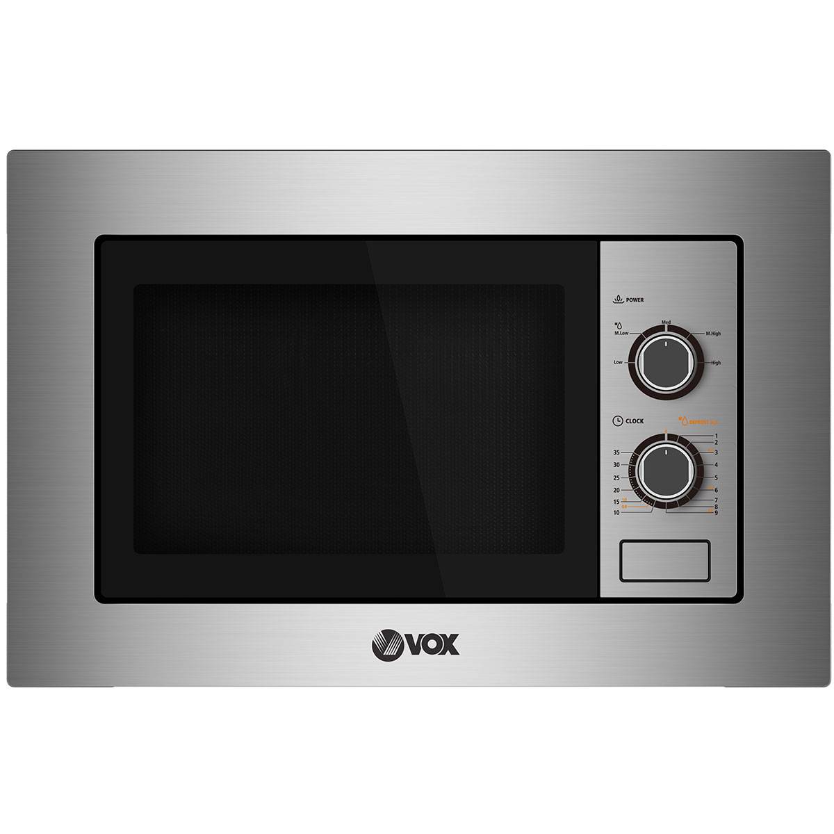 Stainless steel microwave oven with VOX branding on a white background