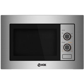 Stainless steel microwave oven with VOX branding on a white background