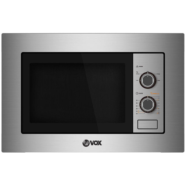Stainless steel microwave oven with VOX branding on a white background