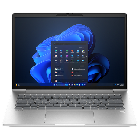 Laptop with a blue abstract design on the screen on a white background