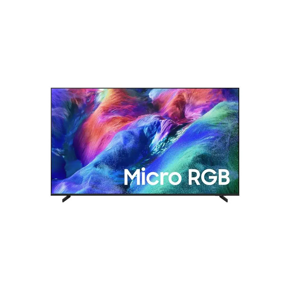 A modern flat-screen TV on a white background, displaying a colorful abstract landscape with the text 'Micro RGB' in white at the bottom right of the screen.