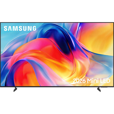 Samsung 2026 Mini LED television shown from the front on a white background, featuring a thin black bezel and stand with a colorful abstract display on screen.