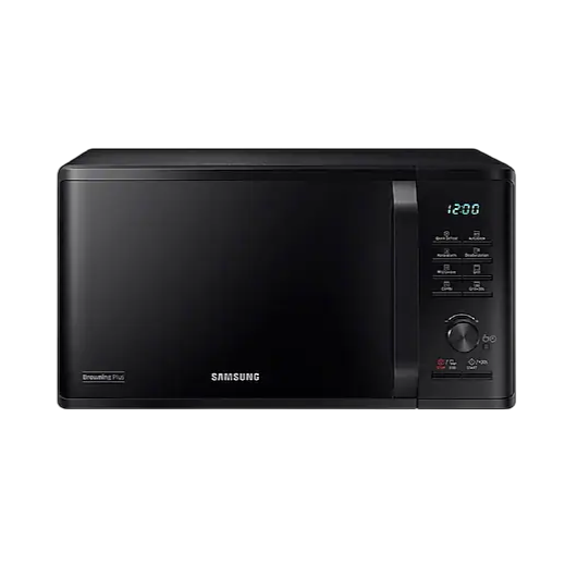 Black Samsung microwave oven on a white background