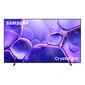 Samsung Crystal UHD television shown from the front on a plain white background, with a purple and blue abstract liquid-glass display on the screen and the Samsung logo visible in the top left of the display.