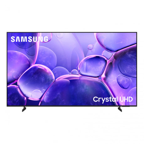 Samsung Crystal UHD television shown from the front on a plain white background, with a purple and blue abstract liquid-glass display on the screen and the Samsung logo visible in the top left of the display.
