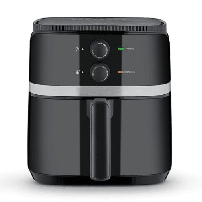 Black air fryer with control panel on a white background