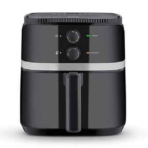 Black air fryer with control panel on a white background