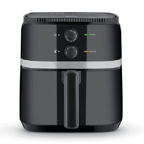 Black air fryer with control panel on a white background