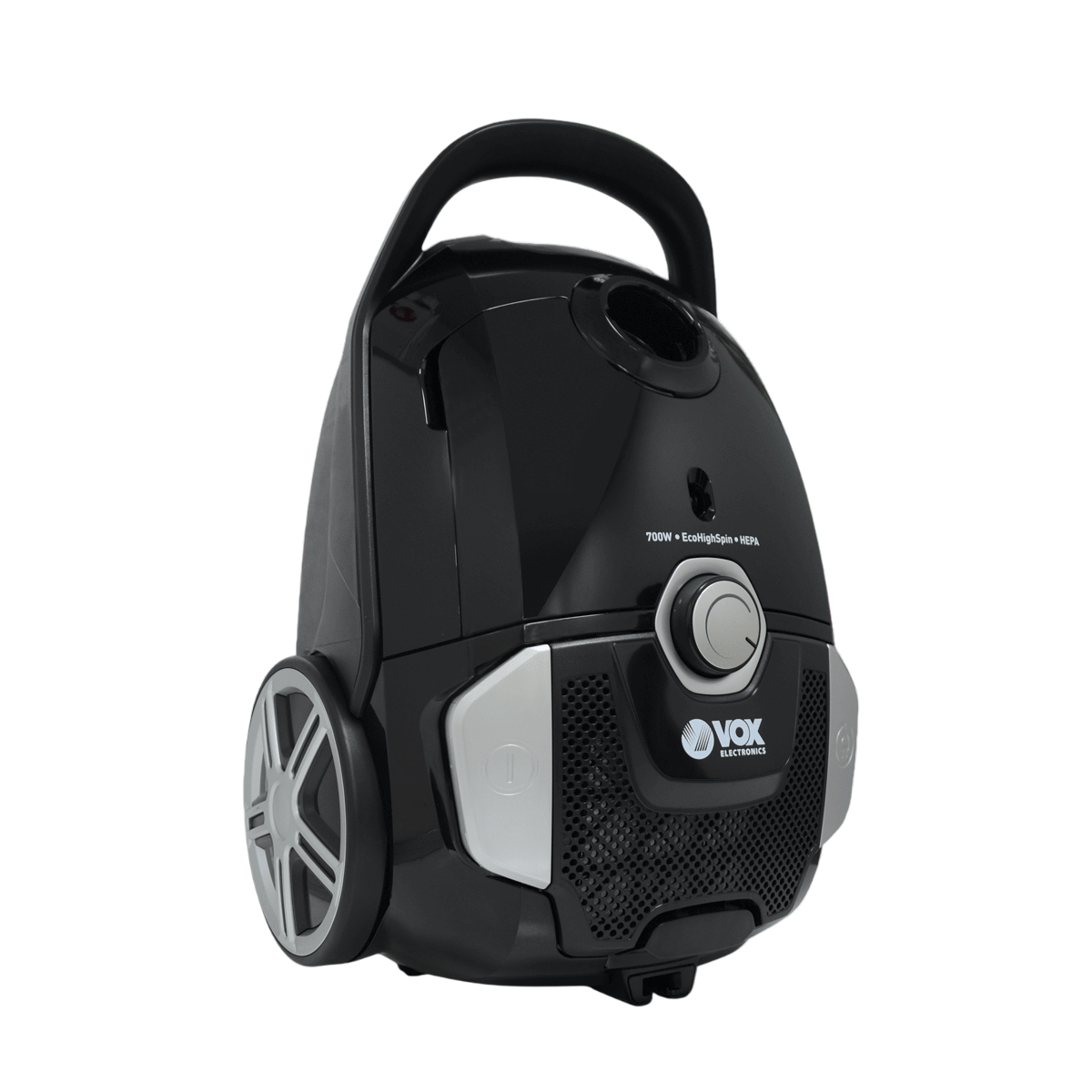 Black and silver vacuum cleaner with 'VOX' branding on a white background