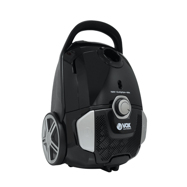 Black and silver vacuum cleaner with 'VOX' branding on a white background