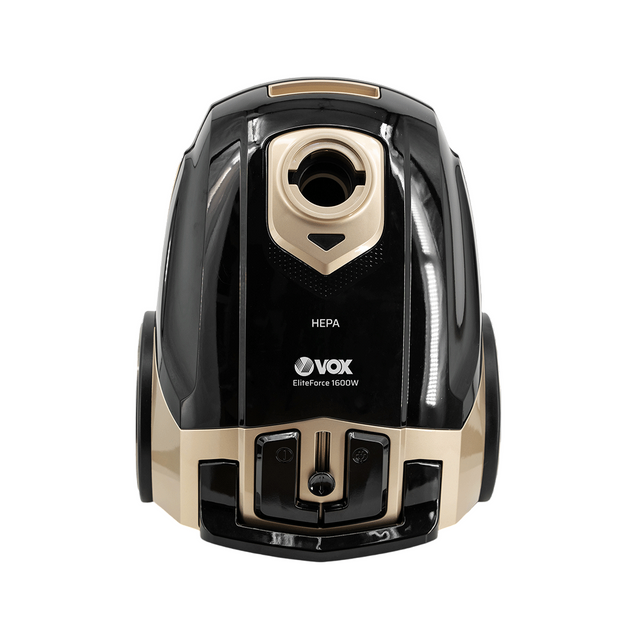 Black and gold vacuum cleaner with 'VOX' branding on a white background