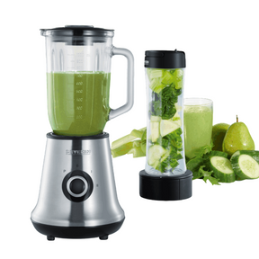 Blender with green smoothie and additional container with ingredients on a white background