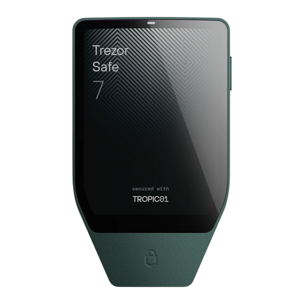 A dark green Trezor Safe 7 hardware wallet device with a black screen displaying 'Trezor Safe 7' and 'secured with TROPIC01'.