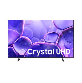 A Crystal UHD television shown from the front on a plain white background. The screen displays a purple and blue abstract bubble-like graphic with the text 'Crystal UHD' overlaid in white.