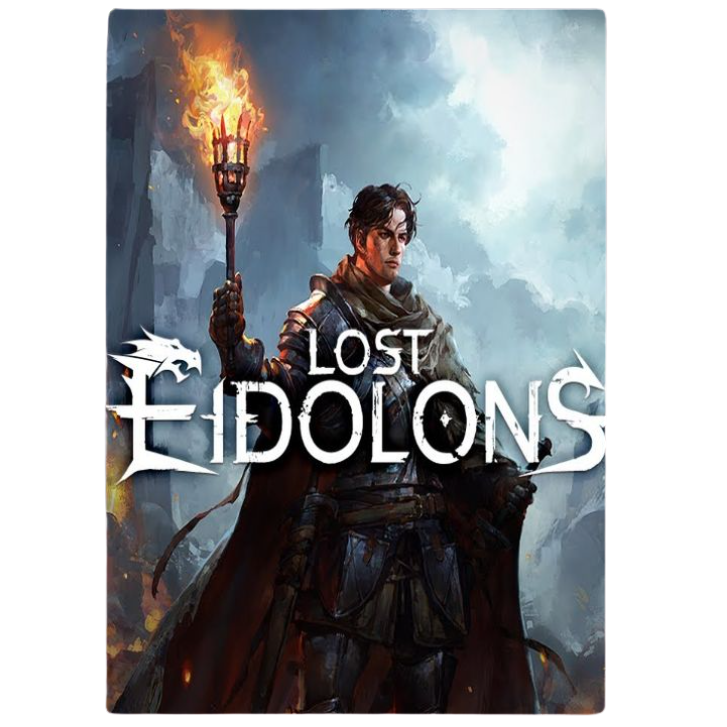 Cover of 'Lost Eidolons' with a character holding a flaming torch against a cloudy sky.