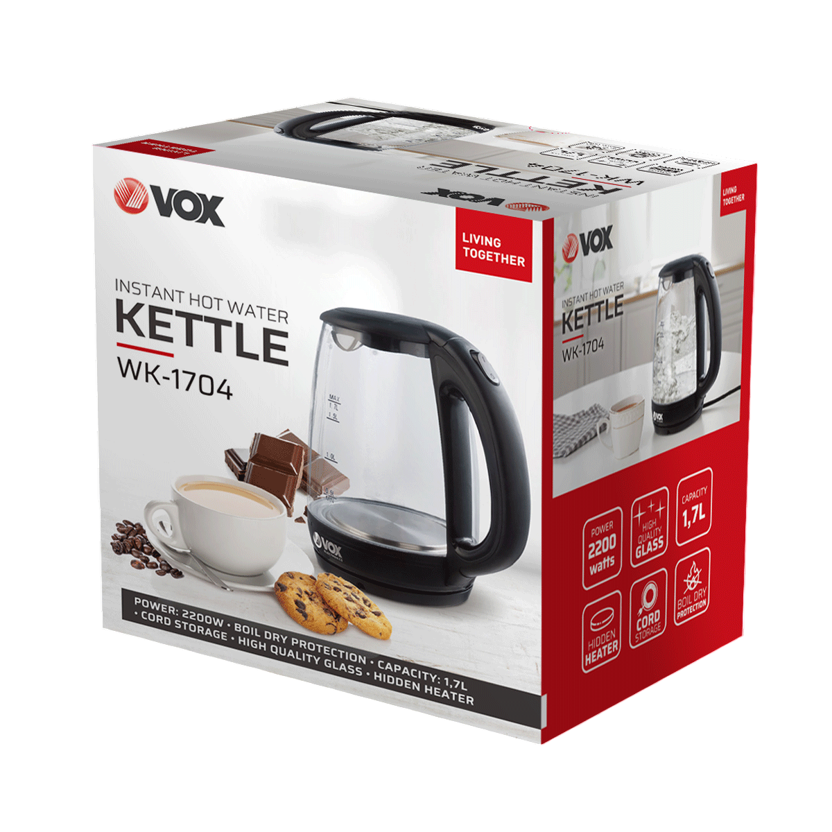 VOX KETTLE POWER: 2200W, 1.7 LT., LED LIGHTING AROUND HEATER, HIDDEN HEATER, CORD STORAGE, BPA FREE, GLASS (BRAND NEW)