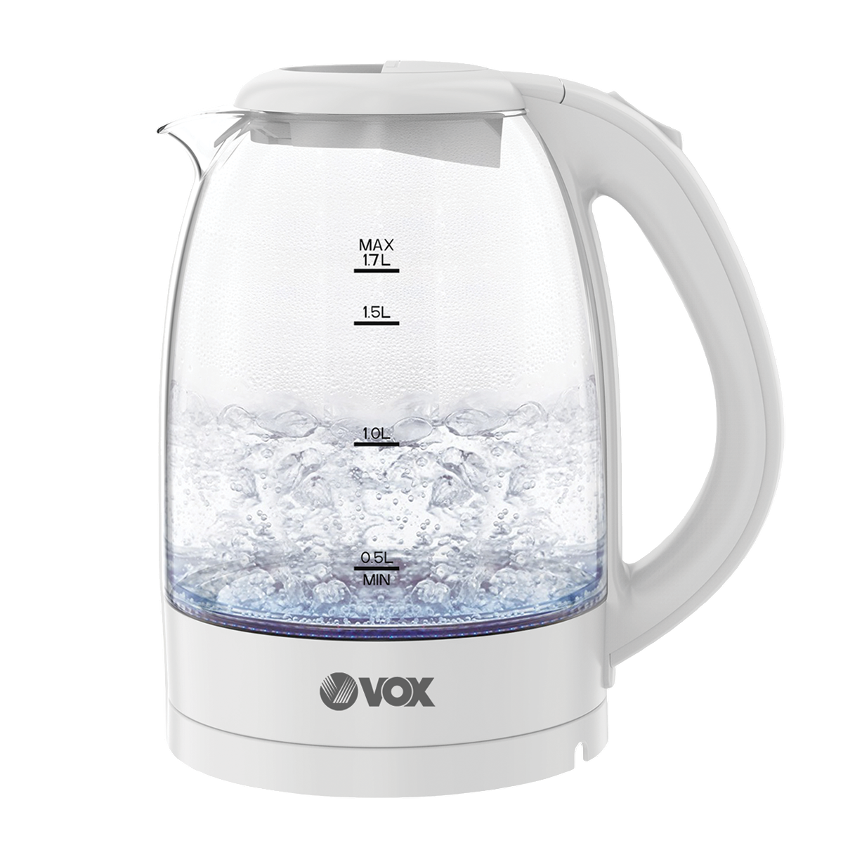 White electric kettle with clear glass body displaying water levels, branded 'VOX'.