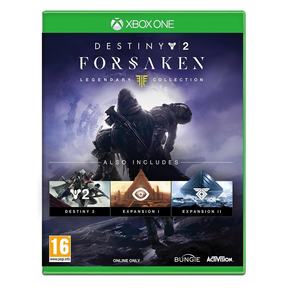 Game box for 'Destiny 2: Forsaken Legendary Collection' on Xbox One with character image and game logos.