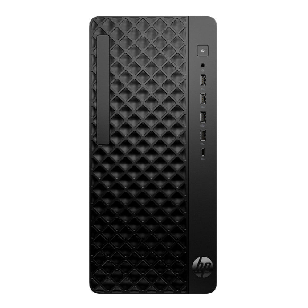 Black textured computer tower with HP logo on a white background