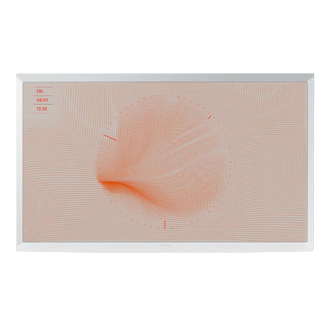 A square digital display screen with a white bezel, showing a pink and orange abstract wave pattern on a light peach background.