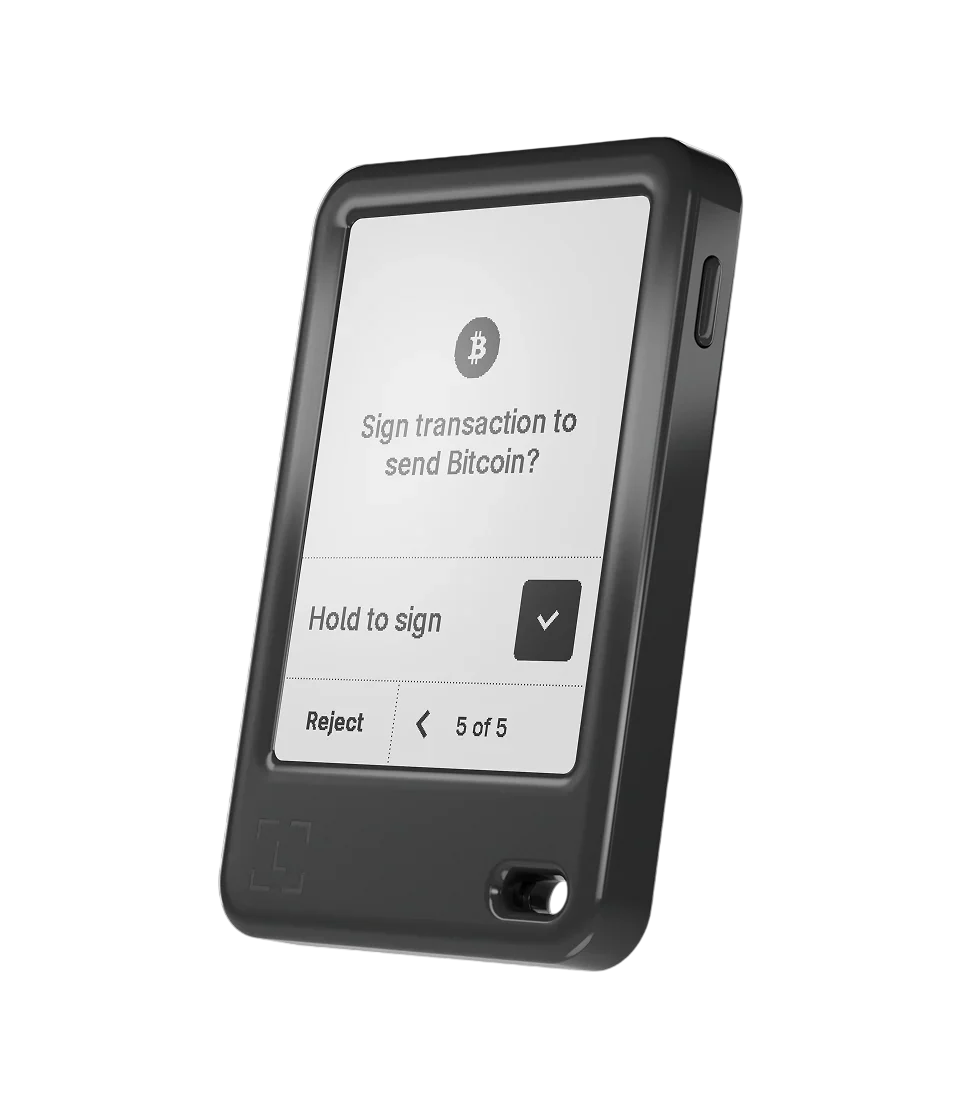 Black device with digital transaction screen on a white background
