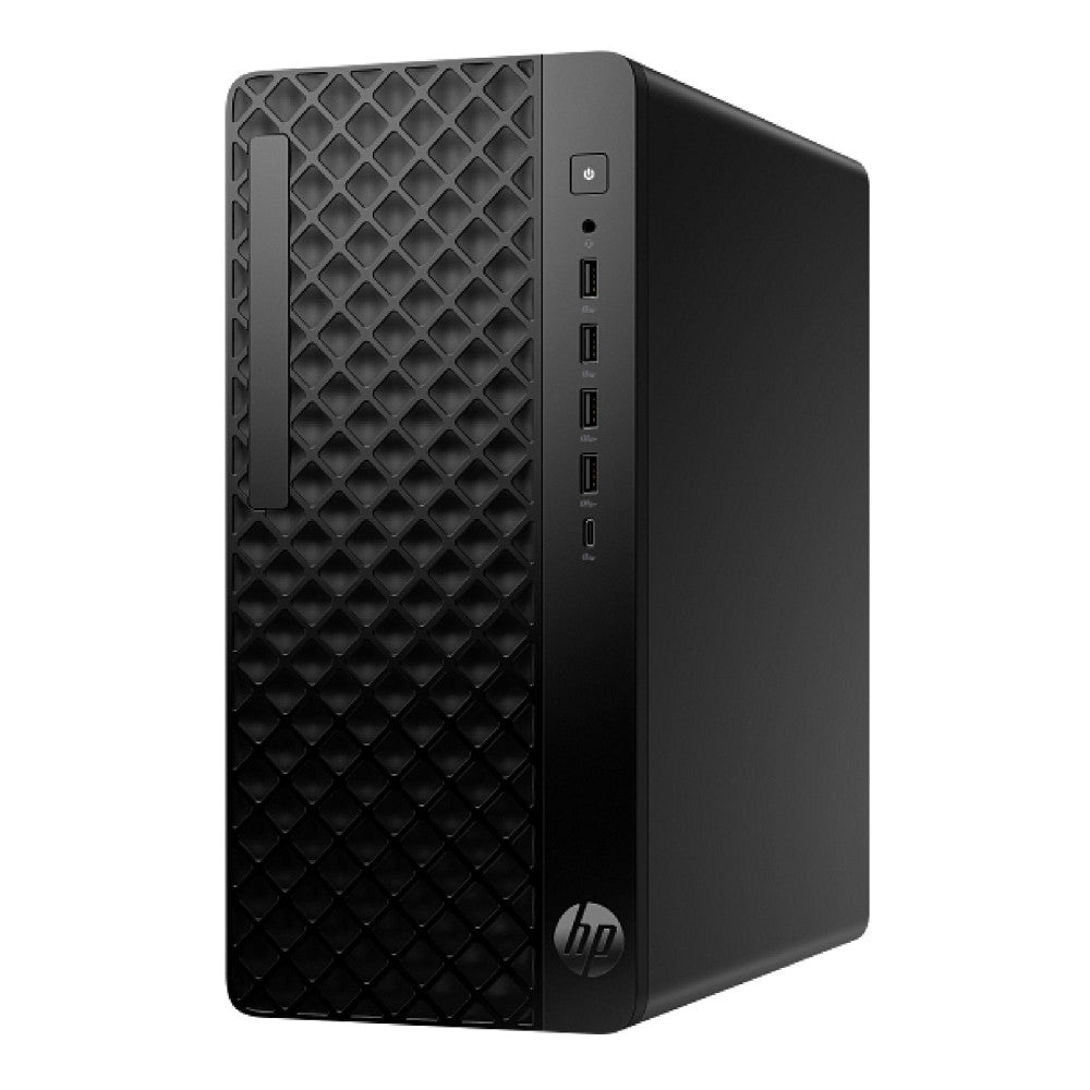 Black HP desktop computer tower on a white background
