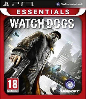 Game cover of 'Watch Dogs' for PS3 Essentials with a character holding a gun in an urban setting.