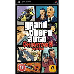 Front cover of the PSP game Grand Theft Auto: Chinatown Wars, featuring comic-style character and scene panels with the game title in large white and red text. Visible PlayStation and PSP branding appear at the top.