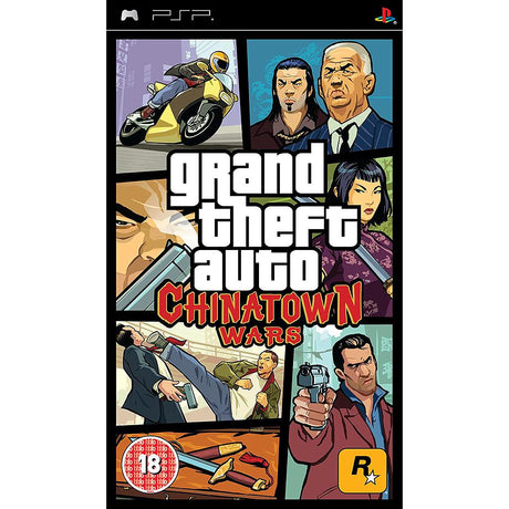 Front cover of the PSP game Grand Theft Auto: Chinatown Wars, featuring comic-style character and scene panels with the game title in large white and red text. Visible PlayStation and PSP branding appear at the top.
