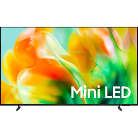 A modern flat-screen TV on slim black stands, displaying a colorful abstract wallpaper with the text 'Mini LED' in white. The TV has a thin black bezel and is shown against a plain white background.