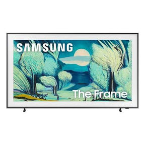 Samsung The Frame smart TV shown from the front on a white background, displaying a stylized landscape artwork with the text 'SAMSUNG' and 'The Frame'.