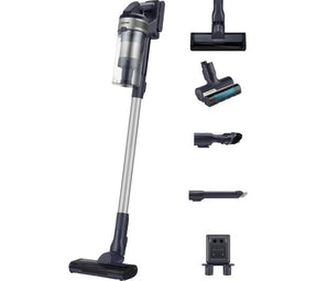 Stainless steel and black cordless vacuum cleaner with attachments on a white background