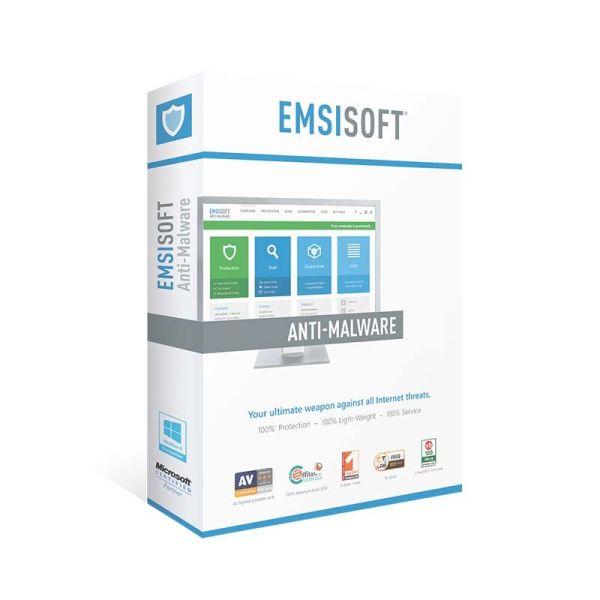 EMSISoft Anti-Malware software package box on a white background