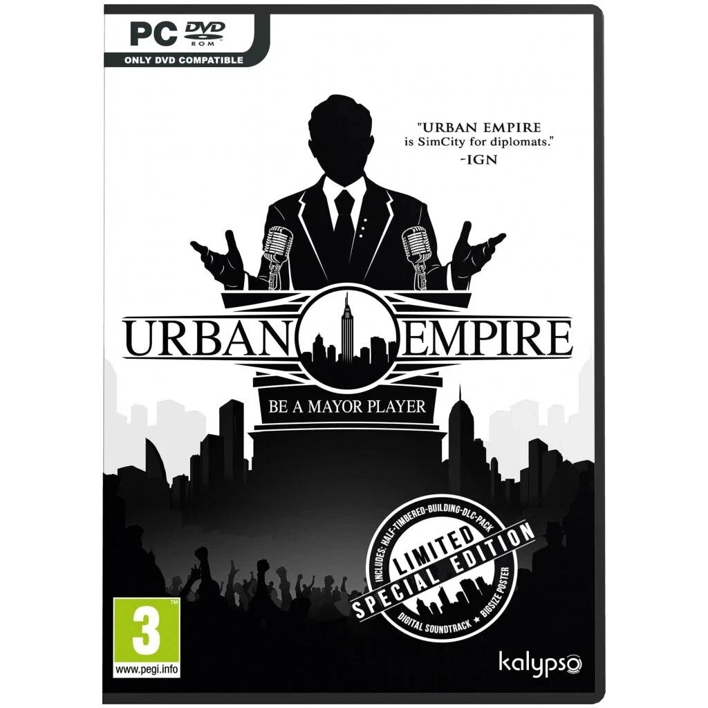 Front cover of the PC DVD game Urban Empire: Be a Mayor Player, shown on a white background. The cover is black, white, and gray with a central silhouette of a man in a suit, city skyline, microphones, and edition badges including a limited edition seal and a PEGI 3 rating.