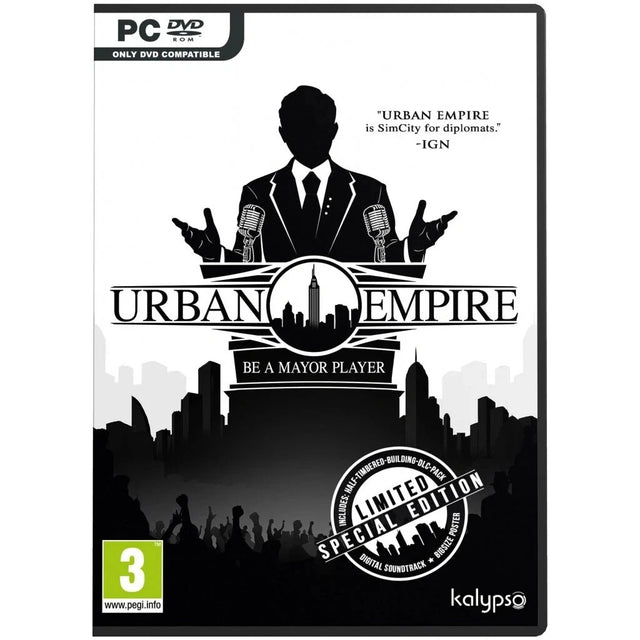 Front cover of the PC DVD game Urban Empire: Be a Mayor Player, shown on a white background. The cover is black, white, and gray with a central silhouette of a man in a suit, city skyline, microphones, and edition badges including a limited edition seal and a PEGI 3 rating.