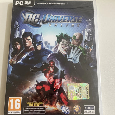 DC Universe Online PC game case in a clear plastic protective sleeve, featuring various DC characters including Batman, Superman, Wonder Woman, The Joker, and The Flash on the cover.